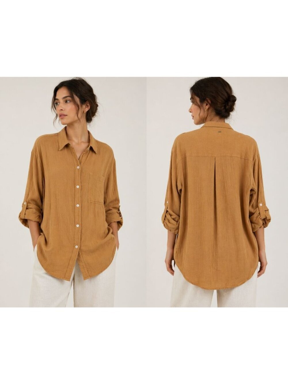 Rip Curl Relaxed Button Up Roll Tab Sleeves Shirt Mustard XXSmall